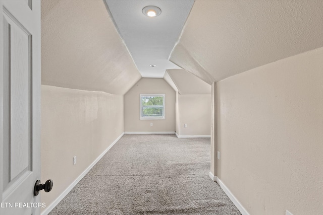 additional living space featuring baseboards, carpet floors, a textured ceiling, and lofted ceiling