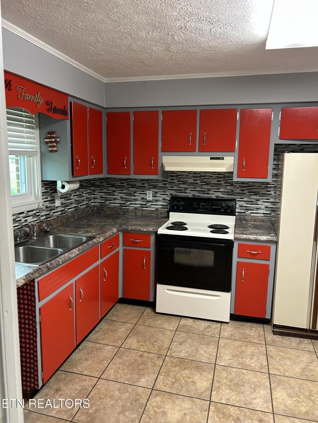 131 Oak Hill Dr, Jamestown, TN 38556 - kitchen featuring red cabinets, electric stove, freestanding refrigerator, and under cabinet range hood