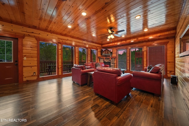 3238 Smoky Ridge Way, Sevierville, TN 37862 - living area with ceiling fan, a fireplace, wooden ceiling, wooden walls, and hardwood / wood-style floors