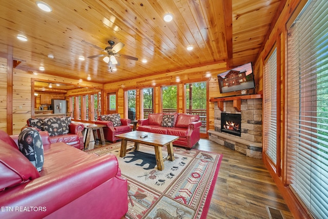 3238 Smoky Ridge Way, Sevierville, TN 37862 - living area with wood finished floors, a fireplace, ceiling fan, recessed lighting, and wooden ceiling