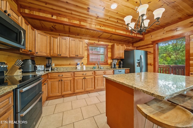 3238 Smoky Ridge Way, Sevierville, TN 37862 - kitchen with appliances with stainless steel finishes, a chandelier, a healthy amount of sunlight, and wooden ceiling