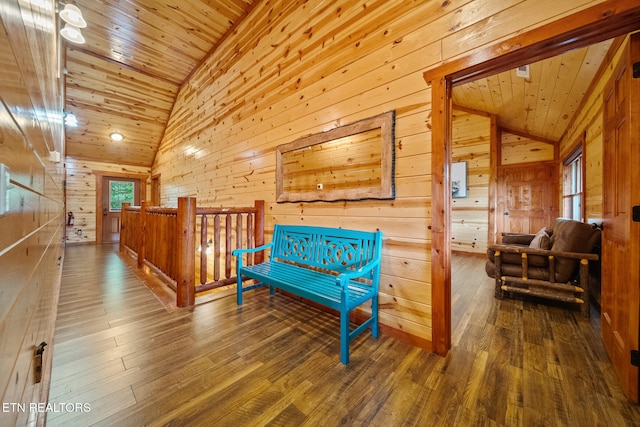 3238 Smoky Ridge Way, Sevierville, TN 37862 - hall featuring wood-type flooring, wood walls, wood ceiling, and vaulted ceiling