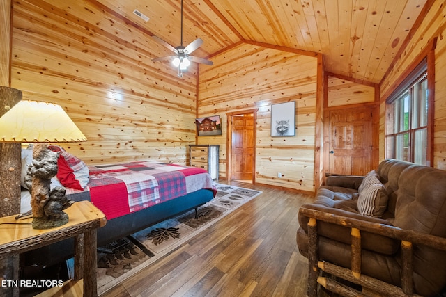3238 Smoky Ridge Way, Sevierville, TN 37862 - bedroom featuring wooden walls, high vaulted ceiling, wood ceiling, and hardwood / wood-style flooring