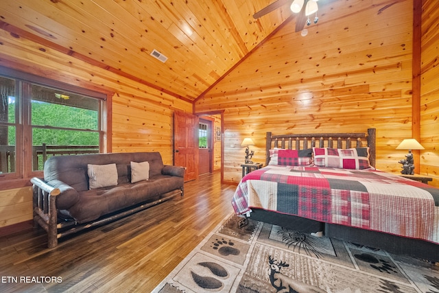 3238 Smoky Ridge Way, Sevierville, TN 37862 - bedroom featuring visible vents, wood walls, lofted ceiling, and wood finished floors
