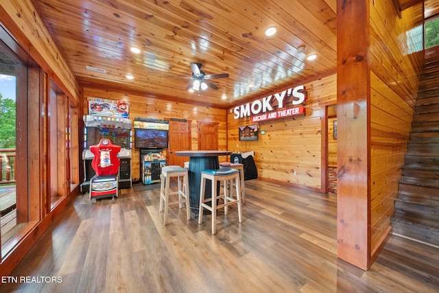 3238 Smoky Ridge Way, Sevierville, TN 37862 - bar featuring wood ceiling, dark wood-style flooring, a healthy amount of sunlight, and wooden walls