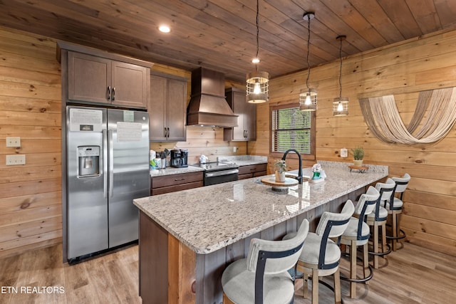 kitchen featuring light wood-type flooring, custom exhaust hood, wood walls, wood ceiling, and appliances with stainless steel finishes