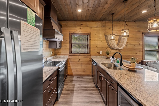 kitchen featuring wood finished floors, a sink, wood ceiling, wood walls, and appliances with stainless steel finishes