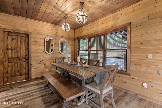 dining space with a chandelier, wooden walls, wood finished floors, and wood ceiling
