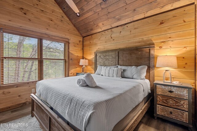 bedroom with lofted ceiling, wood finished floors, wood walls, and wooden ceiling