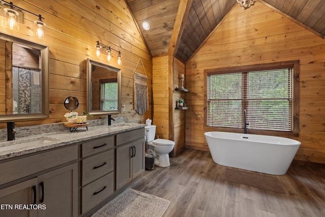 bathroom featuring vaulted ceiling, wood walls, wood finished floors, and a sink