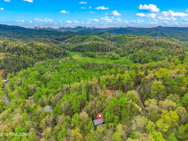 drone / aerial view with a mountain view and a wooded view