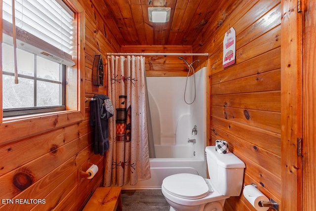 1218 Sugar Loaf Rd, Sevierville, TN 37876 - bathroom with wood ceiling, shower / bath combo with shower curtain, wooden walls, and toilet