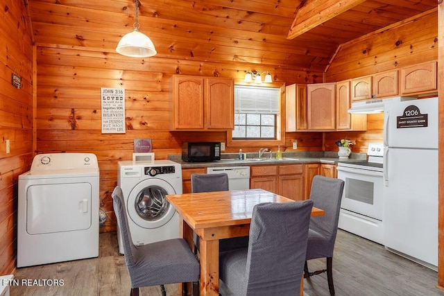 1218 Sugar Loaf Rd, Sevierville, TN 37876 - kitchen with white appliances, light wood-style floors, washer and clothes dryer, and wood ceiling