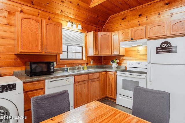 1218 Sugar Loaf Rd, Sevierville, TN 37876 - kitchen featuring wooden ceiling, white appliances, under cabinet range hood, a sink, and washer / clothes dryer