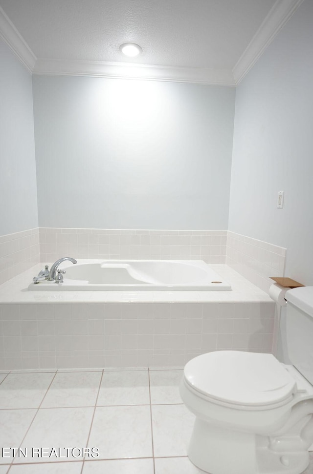 full bathroom with ornamental molding, toilet, and a garden tub