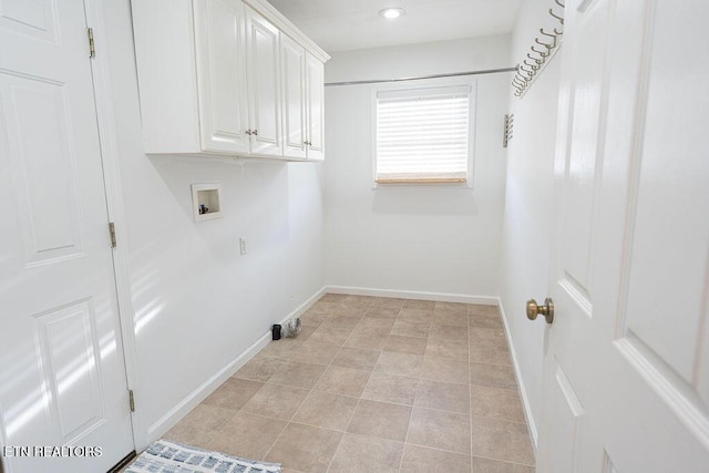 clothes washing area featuring recessed lighting, cabinet space, light tile patterned floors, hookup for a washing machine, and baseboards