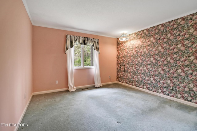 662 Laurel Cir, Crossville, TN 38555 - carpeted empty room featuring wallpapered walls, visible vents, baseboards, and ornamental molding
