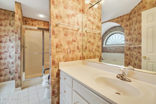 662 Laurel Cir, Crossville, TN 38555 - bathroom featuring vanity, tile patterned floors, wallpapered walls, and a stall shower