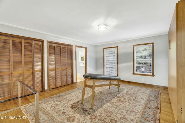 office featuring light wood-style floors, ornamental molding, and baseboards