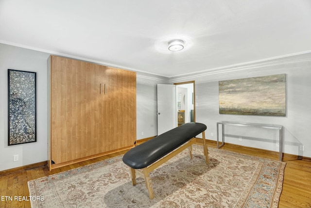 interior space with crown molding, baseboards, and wood finished floors