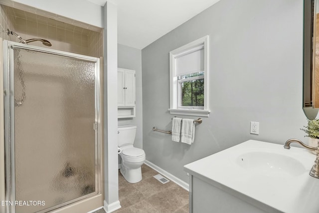 bathroom featuring toilet, baseboards, visible vents, and a stall shower