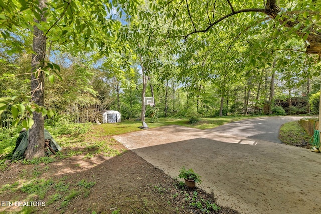 view of yard with an outdoor structure and a storage shed