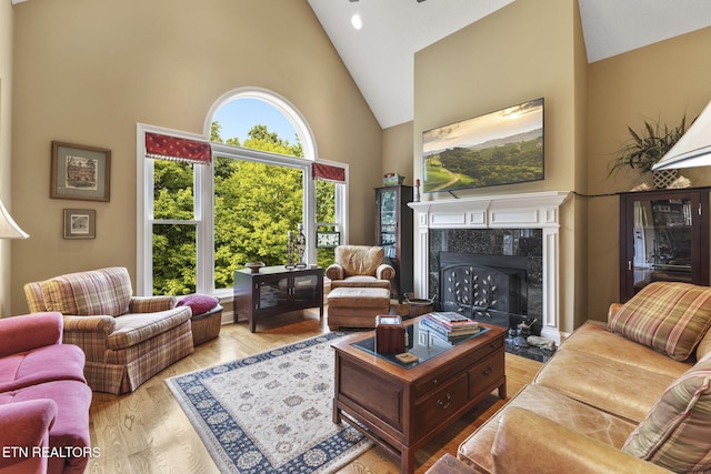 living area featuring a fireplace, wood finished floors, and high vaulted ceiling