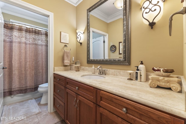 bathroom featuring vanity, toilet, tile patterned floors, shower / bath combination with curtain, and ornamental molding