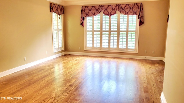 unfurnished room with a healthy amount of sunlight, baseboards, and wood finished floors