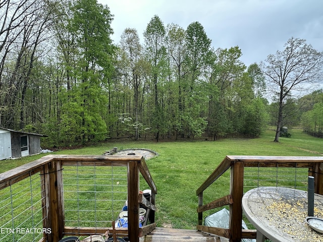 view of yard with a storage unit, a wooden deck, and an outbuilding