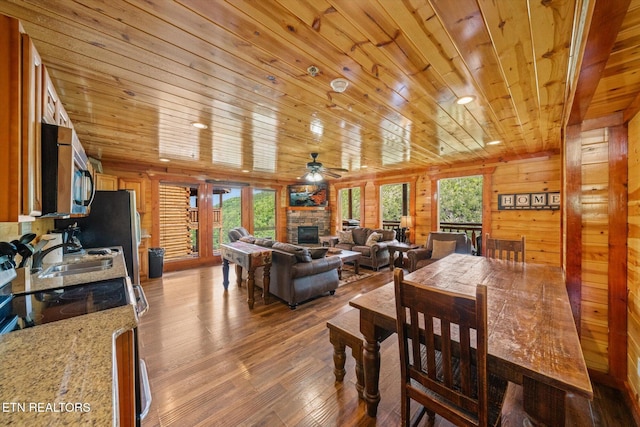 1230 Bird Nest Way, Sevierville, TN 37862 - dining space with wood ceiling, hardwood / wood-style flooring, a fireplace, healthy amount of natural light, and ceiling fan
