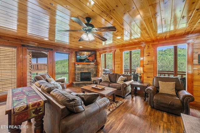 1230 Bird Nest Way, Sevierville, TN 37862 - living room with wooden ceiling, a fireplace, a ceiling fan, hardwood / wood-style floors, and wood walls
