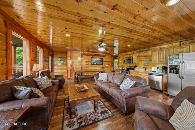 1230 Bird Nest Way, Sevierville, TN 37862 - living room with wooden ceiling, dark wood-type flooring, ceiling fan, wood walls, and recessed lighting