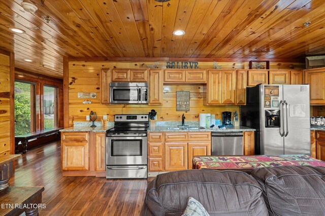 1230 Bird Nest Way, Sevierville, TN 37862 - kitchen featuring appliances with stainless steel finishes, dark wood-type flooring, wooden ceiling, a sink, and wood walls