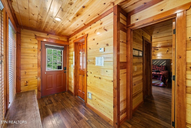 1230 Bird Nest Way, Sevierville, TN 37862 - doorway to outside with dark wood-type flooring, wooden walls, and wood ceiling
