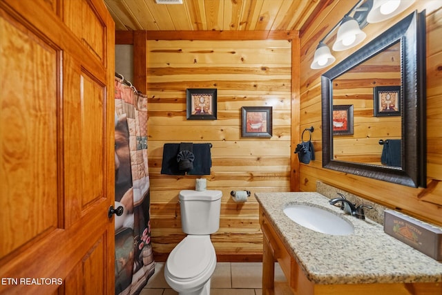 1230 Bird Nest Way, Sevierville, TN 37862 - bathroom with tile patterned floors, wood walls, wooden ceiling, vanity, and toilet