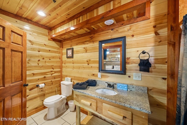 1230 Bird Nest Way, Sevierville, TN 37862 - half bath featuring tile patterned floors, wood ceiling, toilet, wooden walls, and vanity