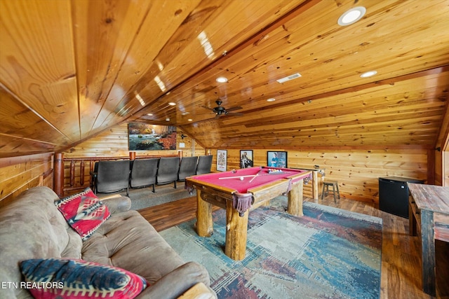 1230 Bird Nest Way, Sevierville, TN 37862 - playroom with wood walls, wood-type flooring, vaulted ceiling, billiards table, and wooden ceiling