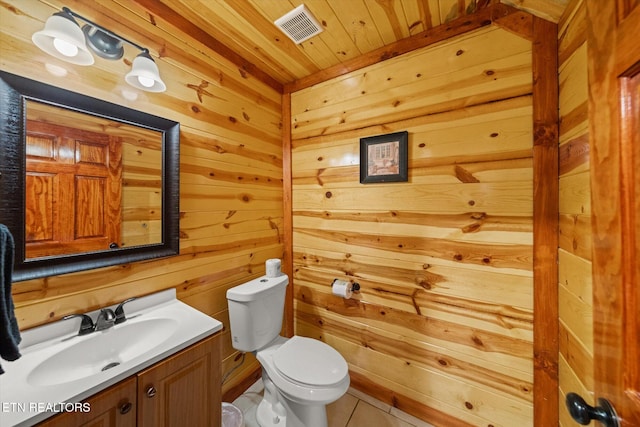 1230 Bird Nest Way, Sevierville, TN 37862 - bathroom with wooden ceiling, wood walls, toilet, tile patterned flooring, and vanity