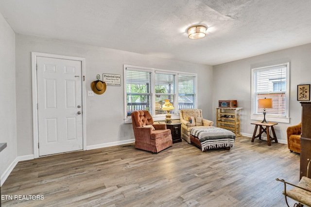 sitting room featuring baseboards, wood finished floors, and plenty of natural light