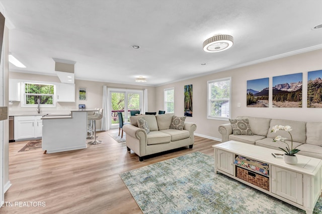 living room featuring ornamental molding, baseboards, light wood-style flooring, and a healthy amount of sunlight