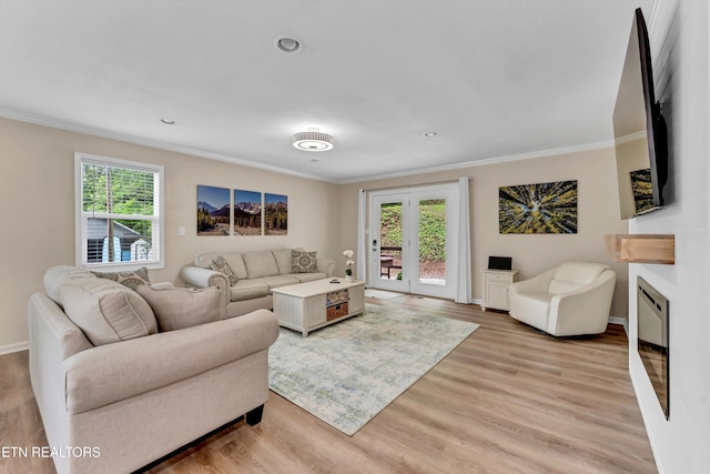 living room with baseboards, a fireplace, light wood-style floors, and crown molding