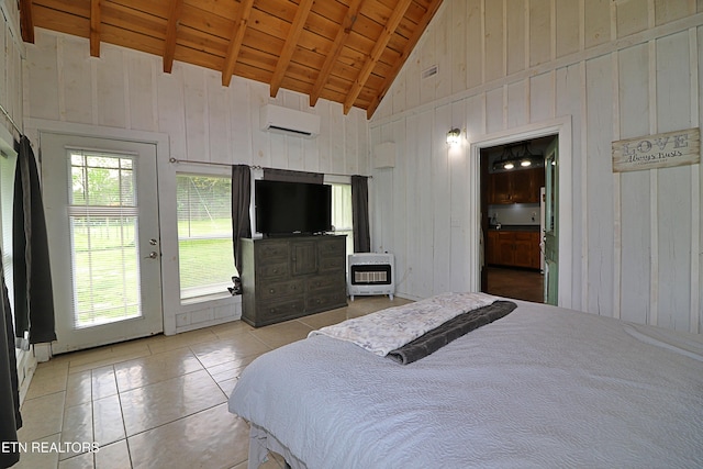 bedroom featuring wood ceiling, light tile patterned floors, a wall unit AC, heating unit, and high vaulted ceiling