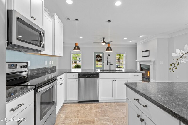 101 Fortenberry St, Oak Ridge, TN 37830 - kitchen featuring crown molding, a sink, ceiling fan, stainless steel appliances, and a peninsula