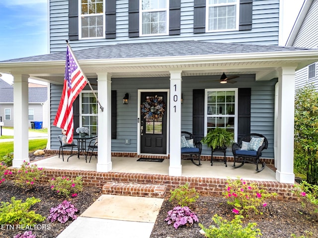 101 Fortenberry St, Oak Ridge, TN 37830 - doorway to property with a porch, ceiling fan, and a shingled roof
