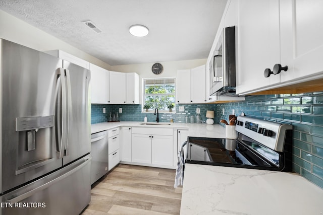 kitchen featuring a sink, white cabinets, light wood-style flooring, backsplash, and appliances with stainless steel finishes
