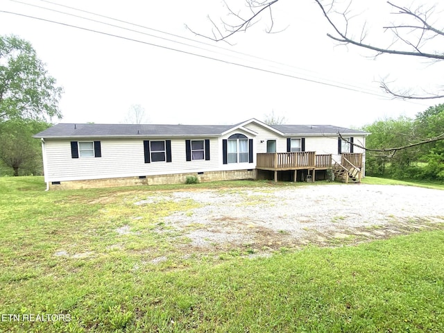manufactured / mobile home with a front yard, a deck, and crawl space