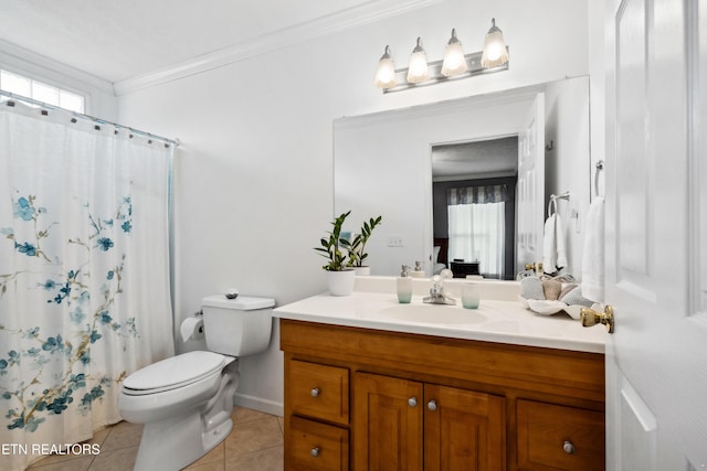 full bathroom featuring crown molding, a shower with curtain, toilet, tile patterned floors, and vanity