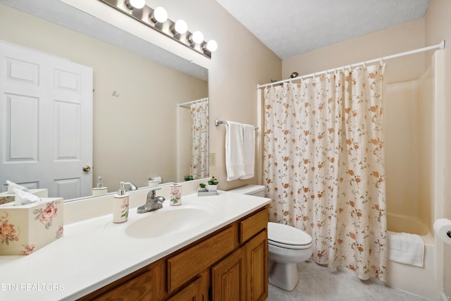 full bathroom with toilet, tile patterned flooring, shower / bath combo with shower curtain, and vanity