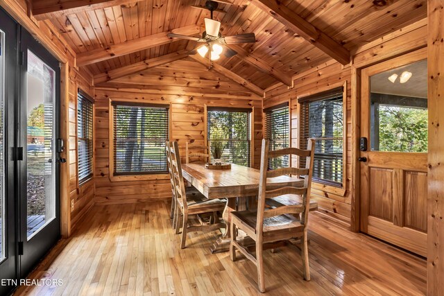 3131 Valley Home Rd, Sevierville, TN 37862 - dining space featuring wood walls, light wood-type flooring, wooden ceiling, and ceiling fan